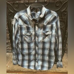 HELIX Shirt Men's Large Blue & Gray Plaid Pearl Snap Athletic Fit Western Rodeo